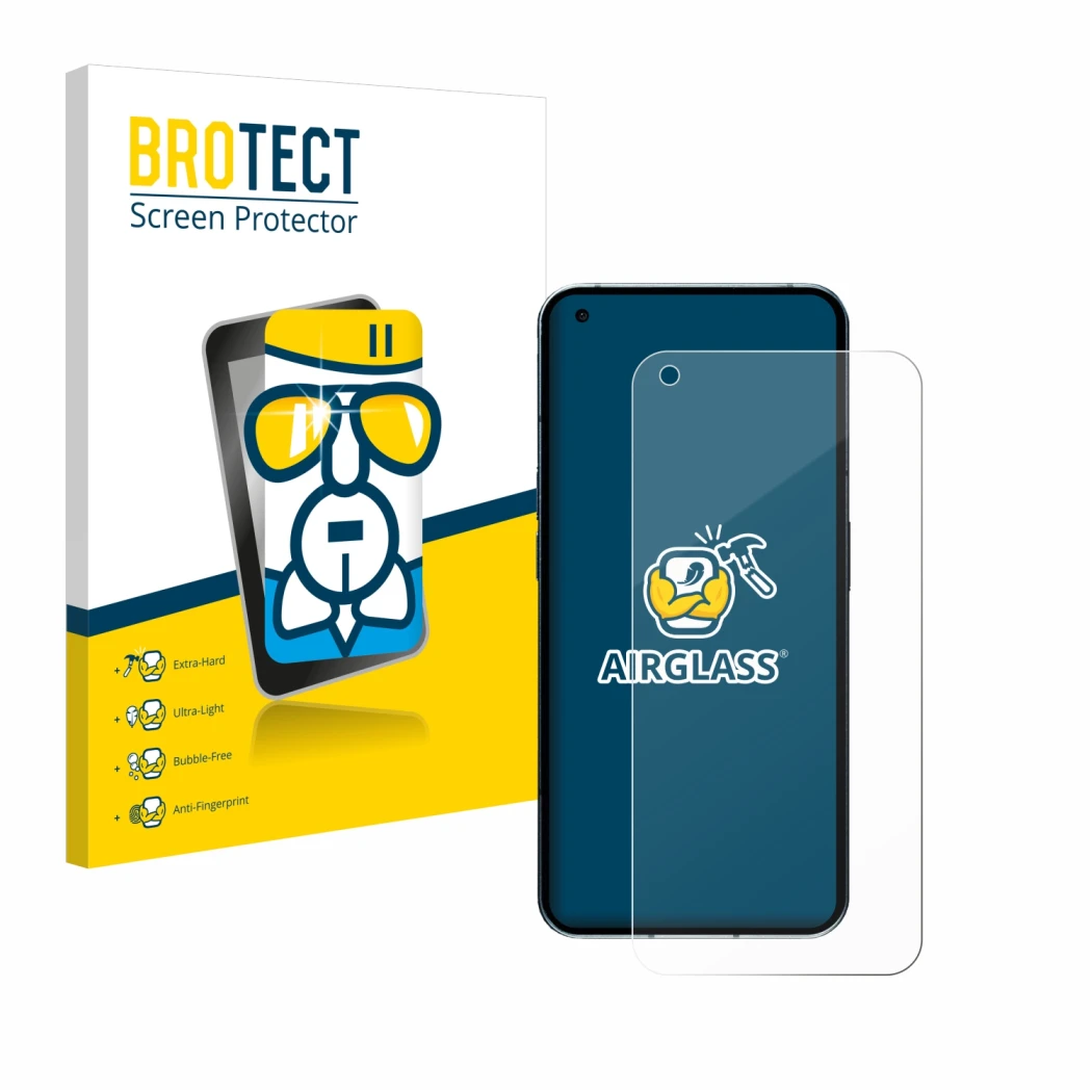 Face avant d’un emballage produit avec le logo de la marque BROTECT. À côté, l’appareil Nothing Phone (1) (case-friendly) est