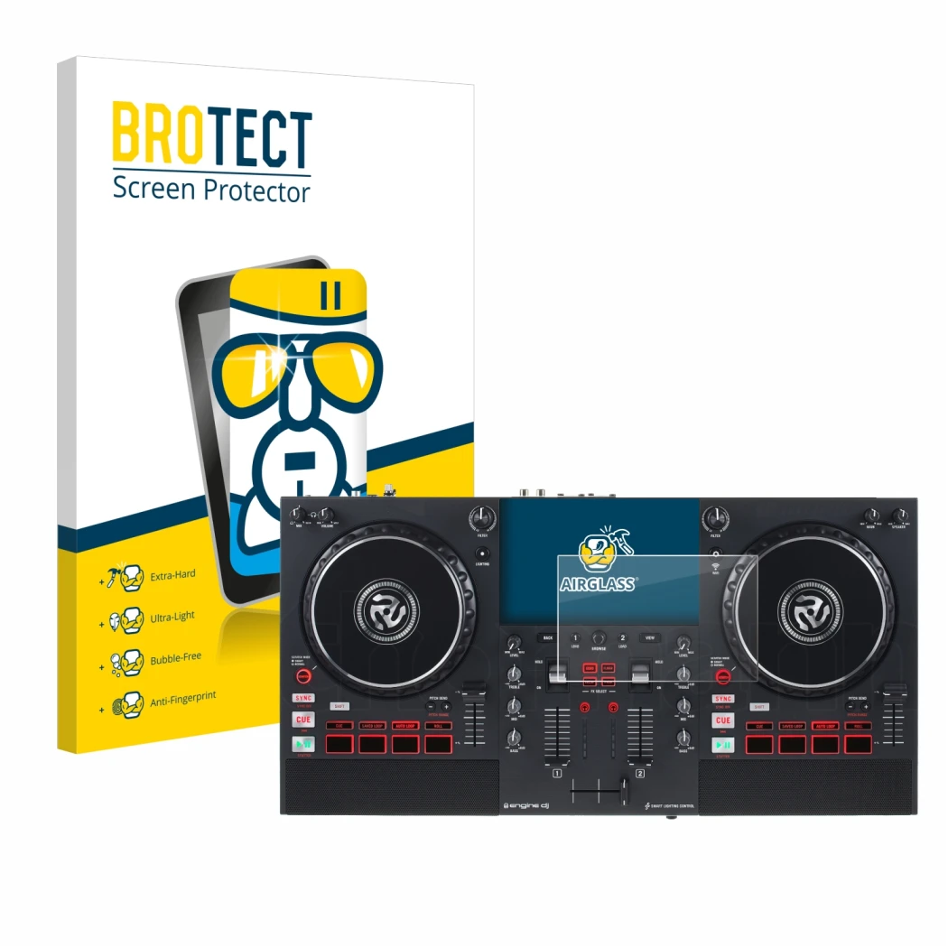 Face avant d’un emballage produit avec le logo de la marque BROTECT. À côté, l’appareil Numark Mixstream Pro+ est représenté a