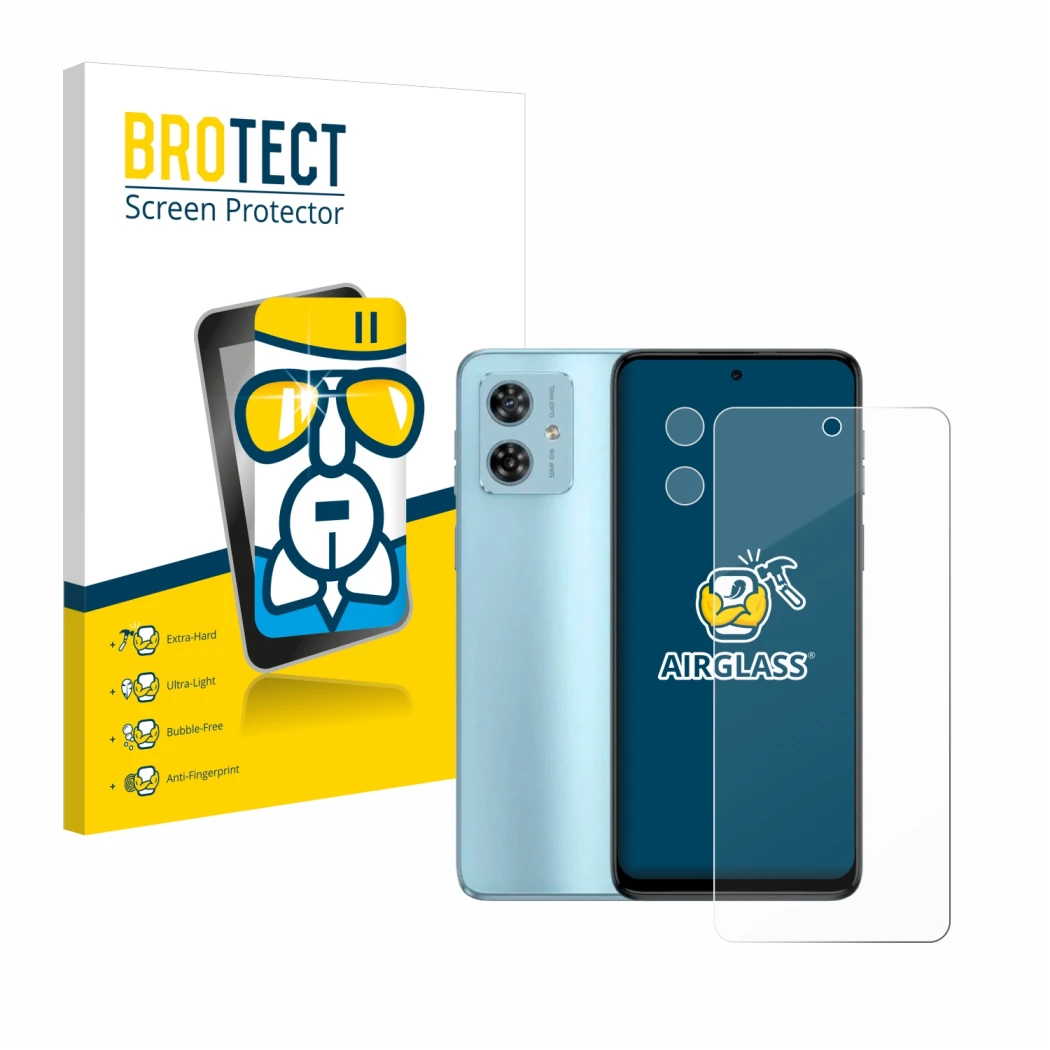 Face avant d’un emballage produit avec le logo de la marque BROTECT. À côté, l’appareil Motorola Moto G54 (Avant+Caméra) est r