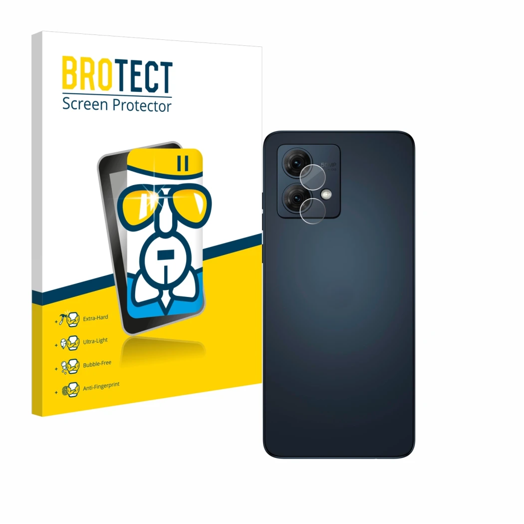 Face avant d’un emballage produit avec le logo de la marque BROTECT. À côté, l’appareil Motorola Moto G84 (Caméra UNIQUEMENT) 