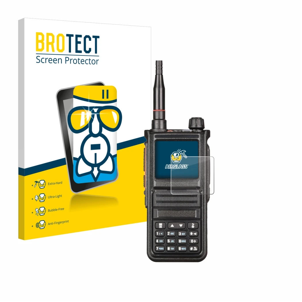 Face avant d’un emballage produit avec le logo de la marque BROTECT. À côté, l’appareil Radtel RT-470X est représenté avec la