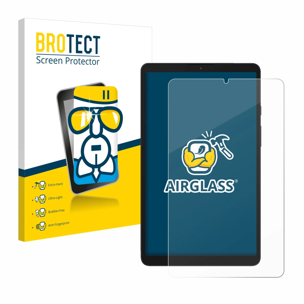 Face avant d’un emballage produit avec le logo de la marque BROTECT. À côté, l’appareil Samsung Galaxy Tab A9 WiFi est représe