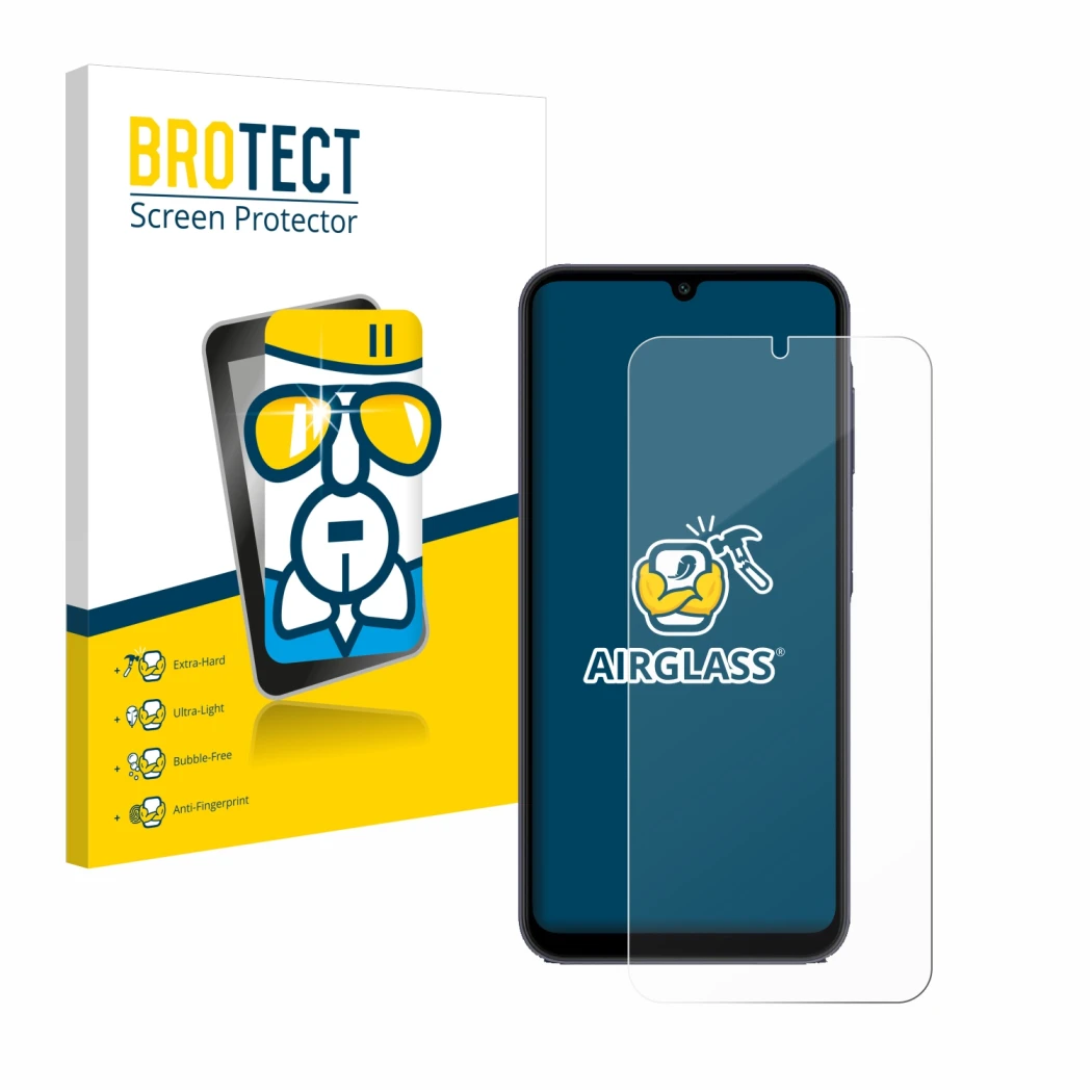 Face avant d’un emballage produit avec le logo de la marque BROTECT. À côté, l’appareil Samsung Galaxy A25 5G est représenté a
