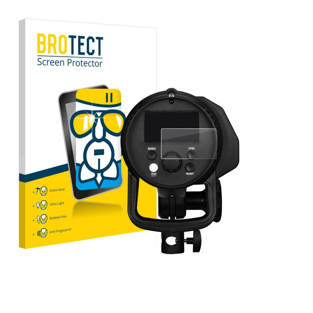 Face avant d’un emballage produit avec le logo de la marque BROTECT. À côté, l’appareil Profoto B1X est représenté avec la pro