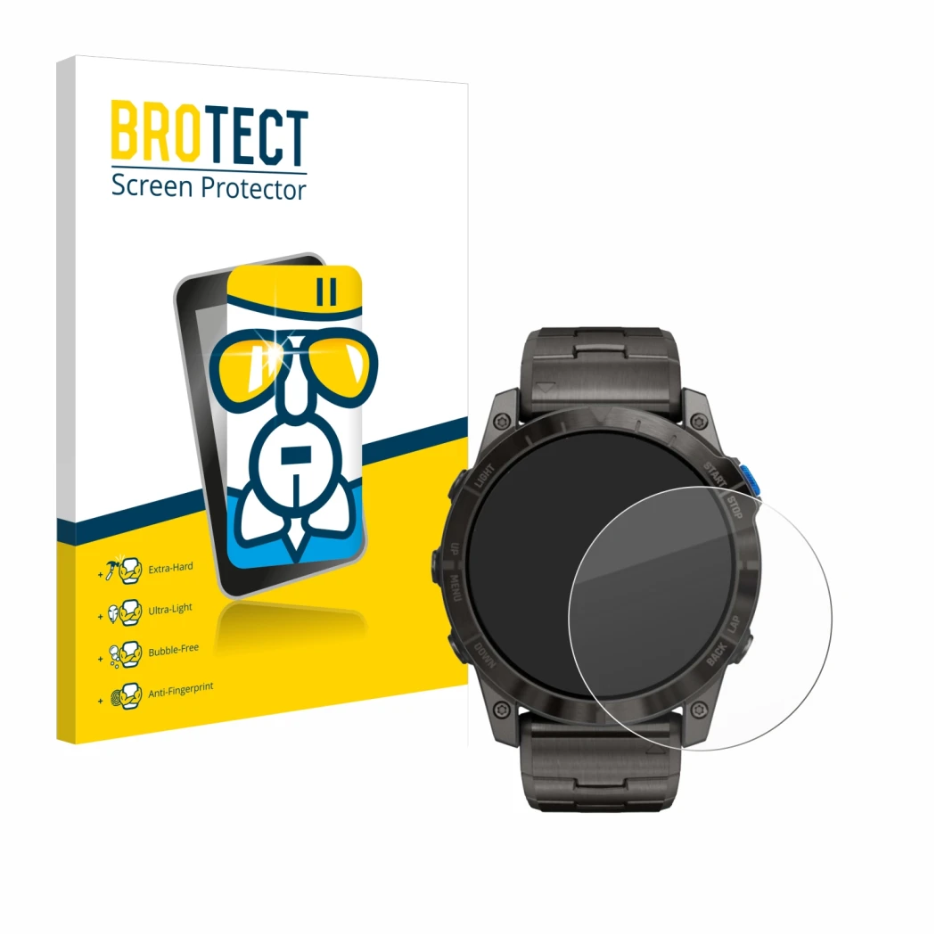 Face avant d’un emballage produit avec le logo de la marque BROTECT. À côté, l’appareil Garmin D2 Mach1 Pro est représenté ave