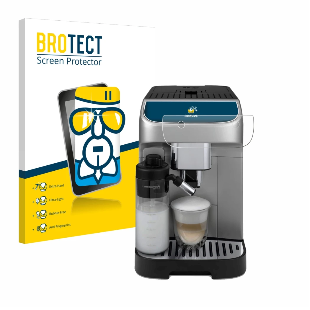 Face avant d’un emballage produit avec le logo de la marque BROTECT. À côté, l’appareil DeLonghi Magnifica Plus est représenté