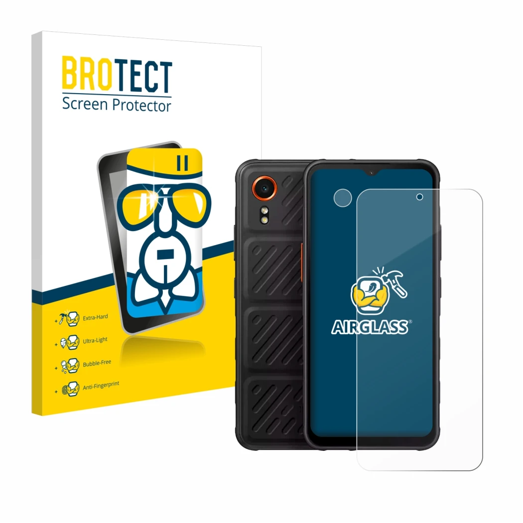 Face avant d’un emballage produit avec le logo de la marque BROTECT. À côté, l’appareil Samsung Galaxy XCover 7 (Avant+Caméra)
