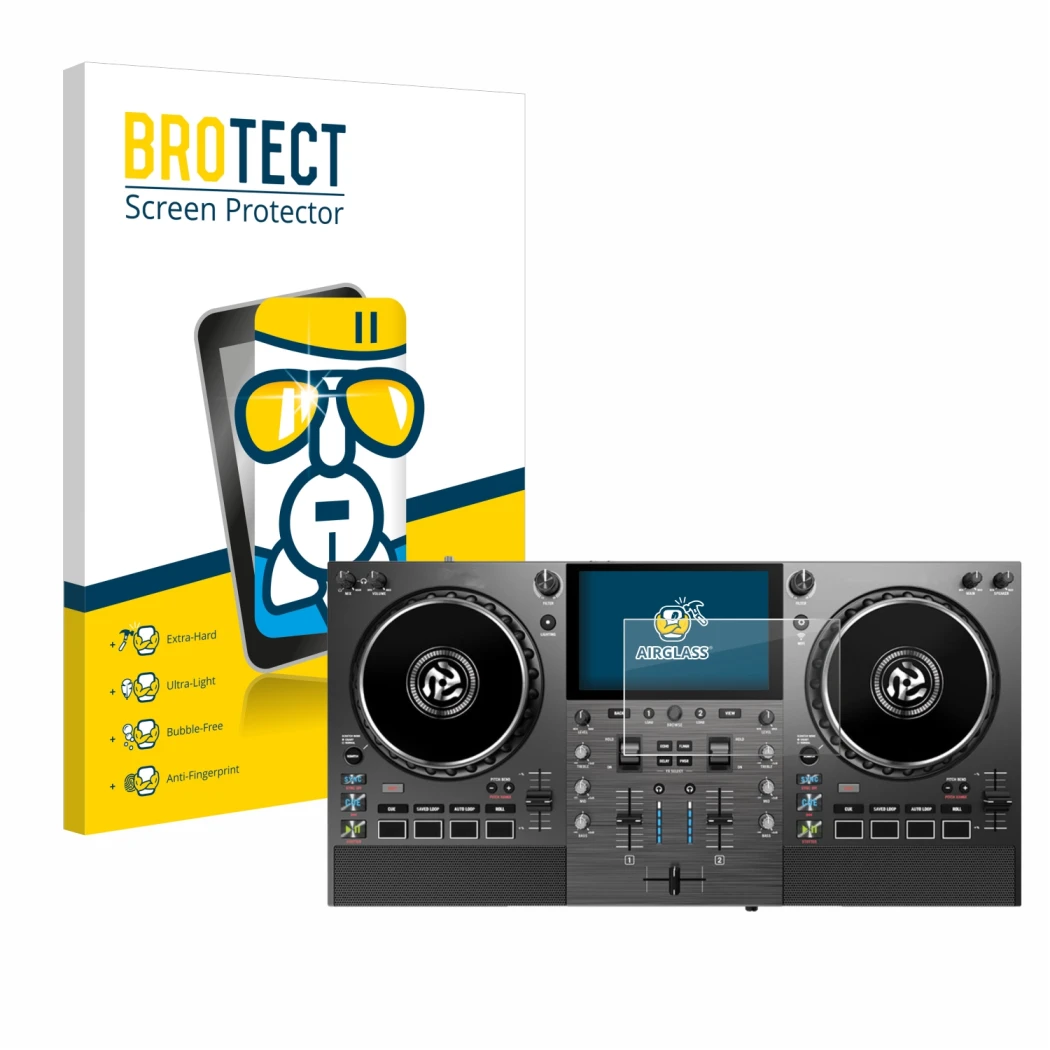 Face avant d’un emballage produit avec le logo de la marque BROTECT. À côté, l’appareil Numark Mixstream Pro Go est représenté