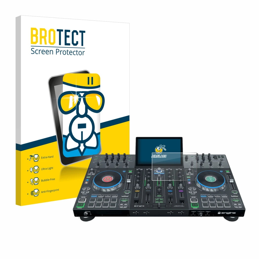 Face avant d’un emballage produit avec le logo de la marque BROTECT. À côté, l’appareil Denon DJ Prime 4+ est représenté avec 