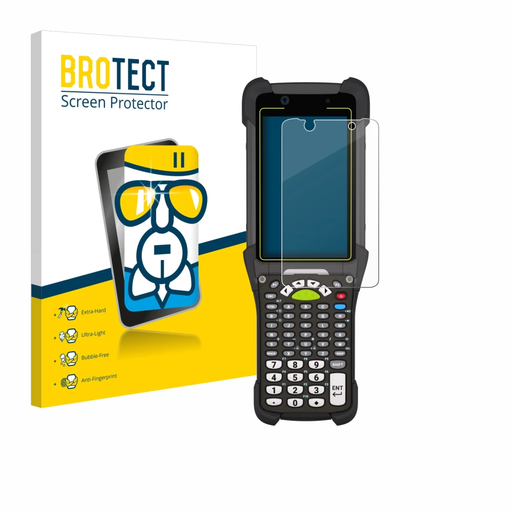 Face avant d’un emballage produit avec le logo de la marque BROTECT. À côté, l’appareil Zebra MC9400 est représenté avec la pr