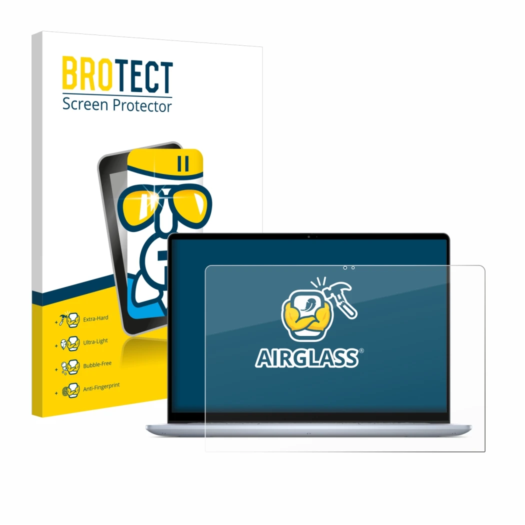 Face avant d’un emballage produit avec le logo de la marque BROTECT. À côté, l’appareil Dell Inspiron 16 7640 2-in-1 est repré