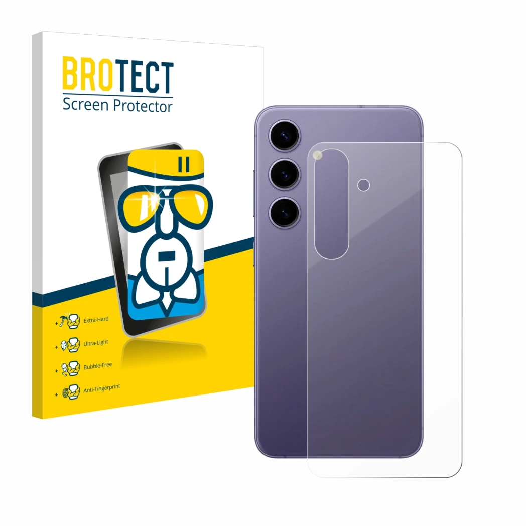 Face avant d’un emballage produit avec le logo de la marque BROTECT. À côté, l’appareil Samsung Galaxy S24 (Arrière) est repré