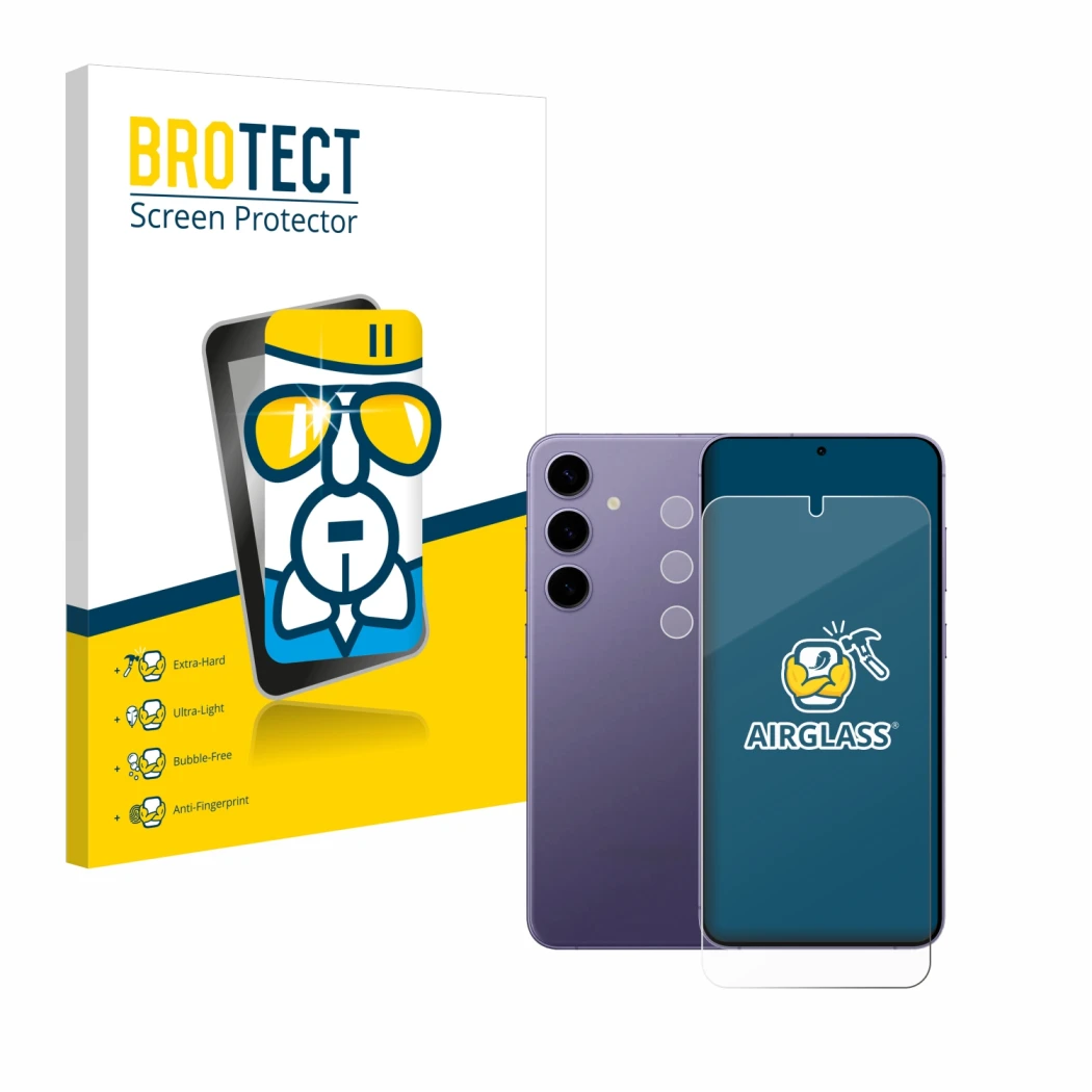 Face avant d’un emballage produit avec le logo de la marque BROTECT. À côté, l’appareil Samsung Galaxy S24 Plus (Avant+Caméra)