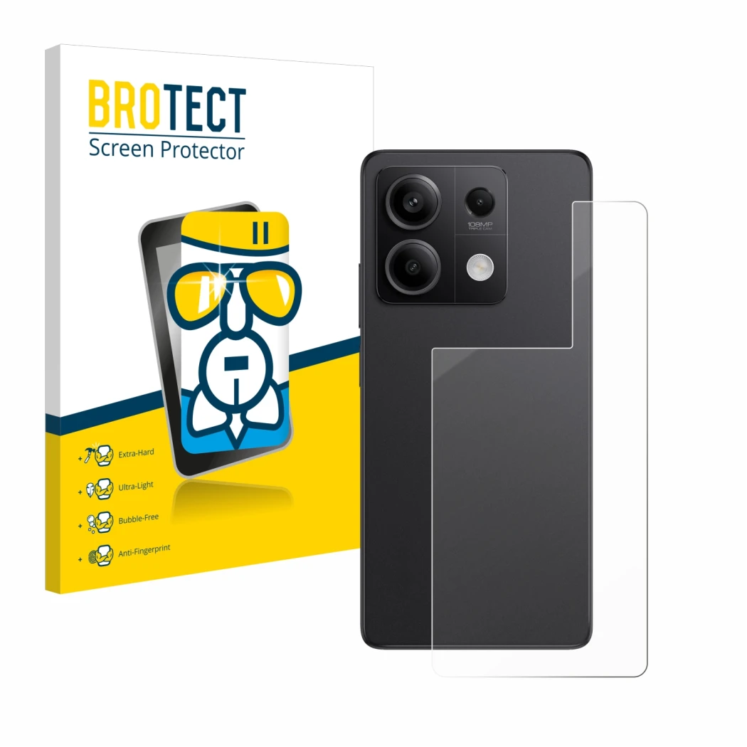 Face avant d’un emballage produit avec le logo de la marque BROTECT. À côté, l’appareil Xiaomi Redmi Note 13 Pro 5G (Arrière) 
