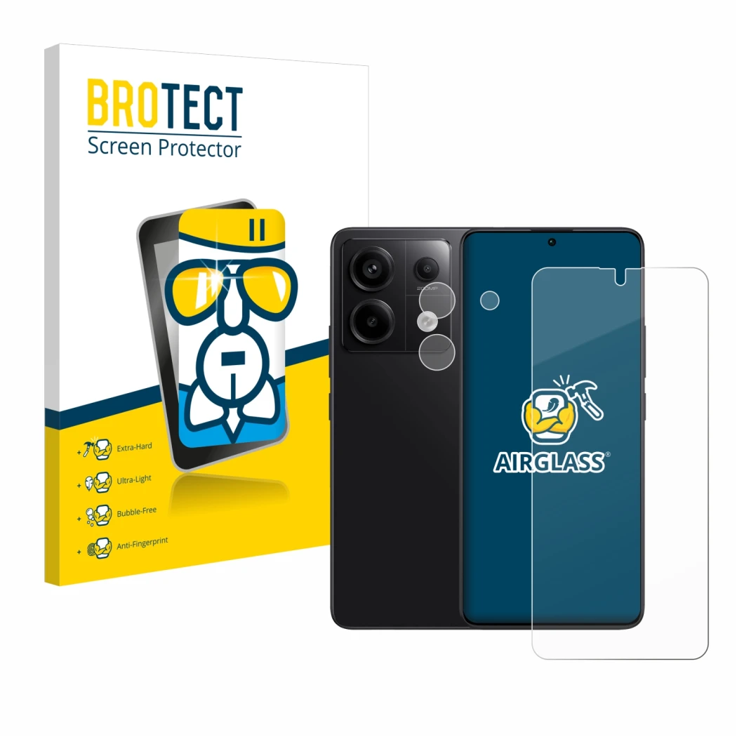 Face avant d’un emballage produit avec le logo de la marque BROTECT. À côté, l’appareil Xiaomi Redmi Note 13 Pro 5G (Avant+Cam