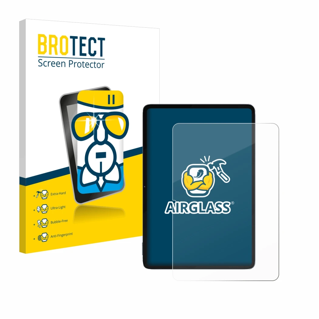 Face avant d’un emballage produit avec le logo de la marque BROTECT. À côté, l’appareil Xiaomi Pad 6S Pro 12.4