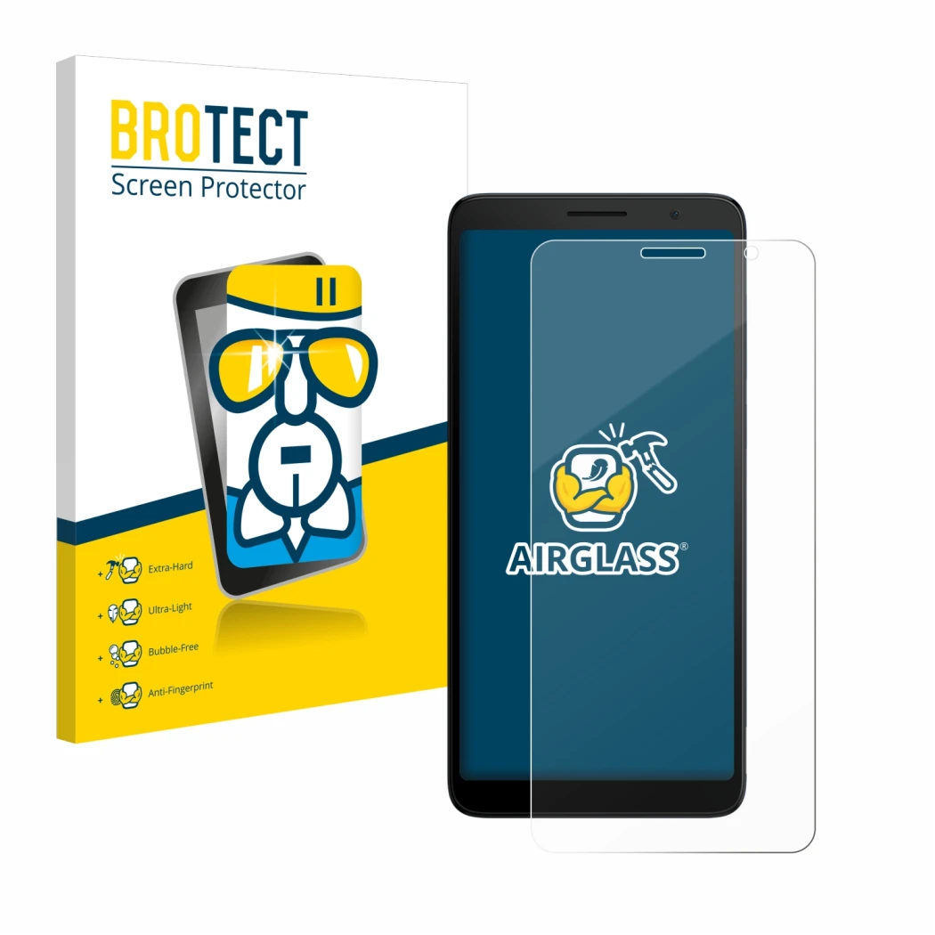 Face avant d’un emballage produit avec le logo de la marque BROTECT. À côté, l’appareil TCL 501 est représenté avec la protect