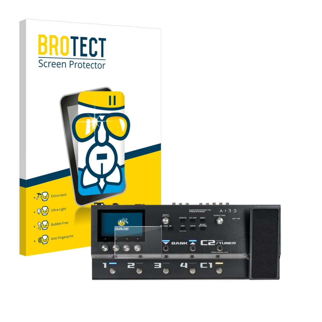 Face avant d’un emballage produit avec le logo de la marque BROTECT. À côté, l’appareil Boss GX-100 est représenté avec la pro