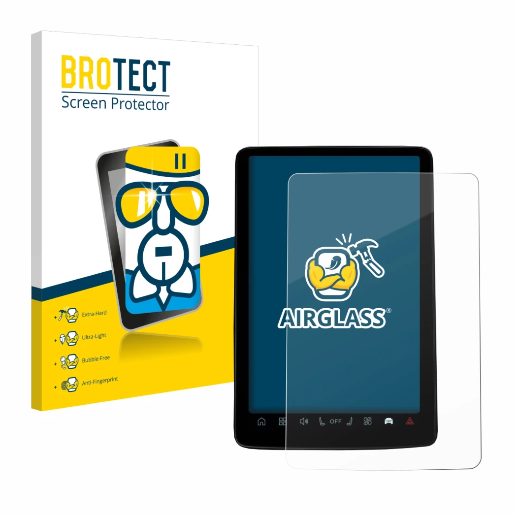 Face avant d’un emballage produit avec le logo de la marque BROTECT. À côté, l’appareil Volvo EX30 12.3