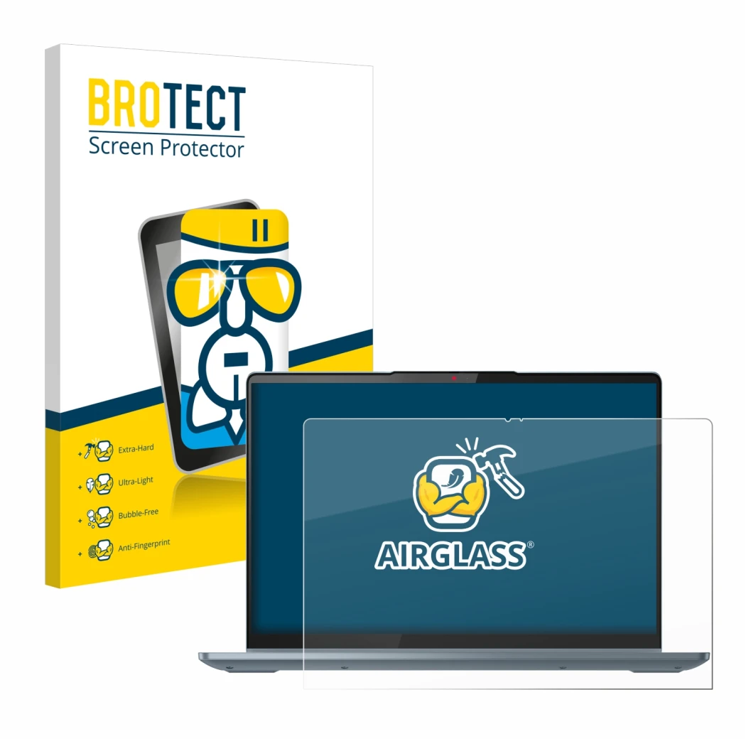 Face avant d’un emballage produit avec le logo de la marque BROTECT. À côté, l’appareil Lenovo IdeaPad 5i 2-in-1 Gen 9 14