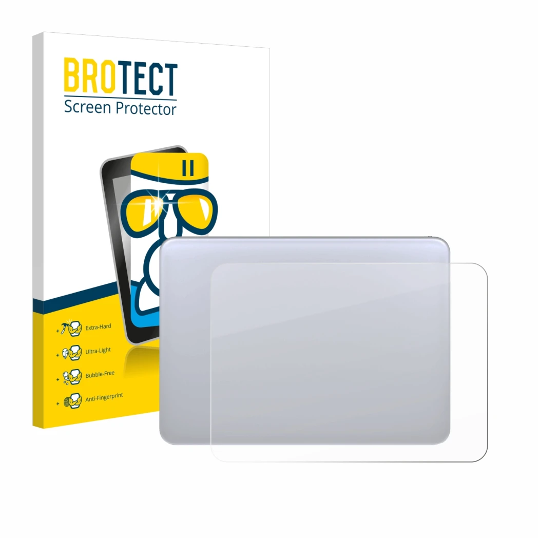Face avant d’un emballage produit avec le logo de la marque BROTECT. À côté, l’appareil Apple Magic 3 (Touch Trackpad) est rep
