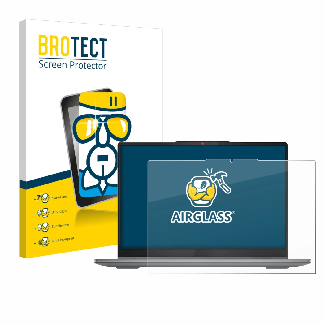 Face avant d’un emballage produit avec le logo de la marque BROTECT. À côté, l’appareil Lenovo IdeaPad 5 2-in-1 14AHP9 est rep