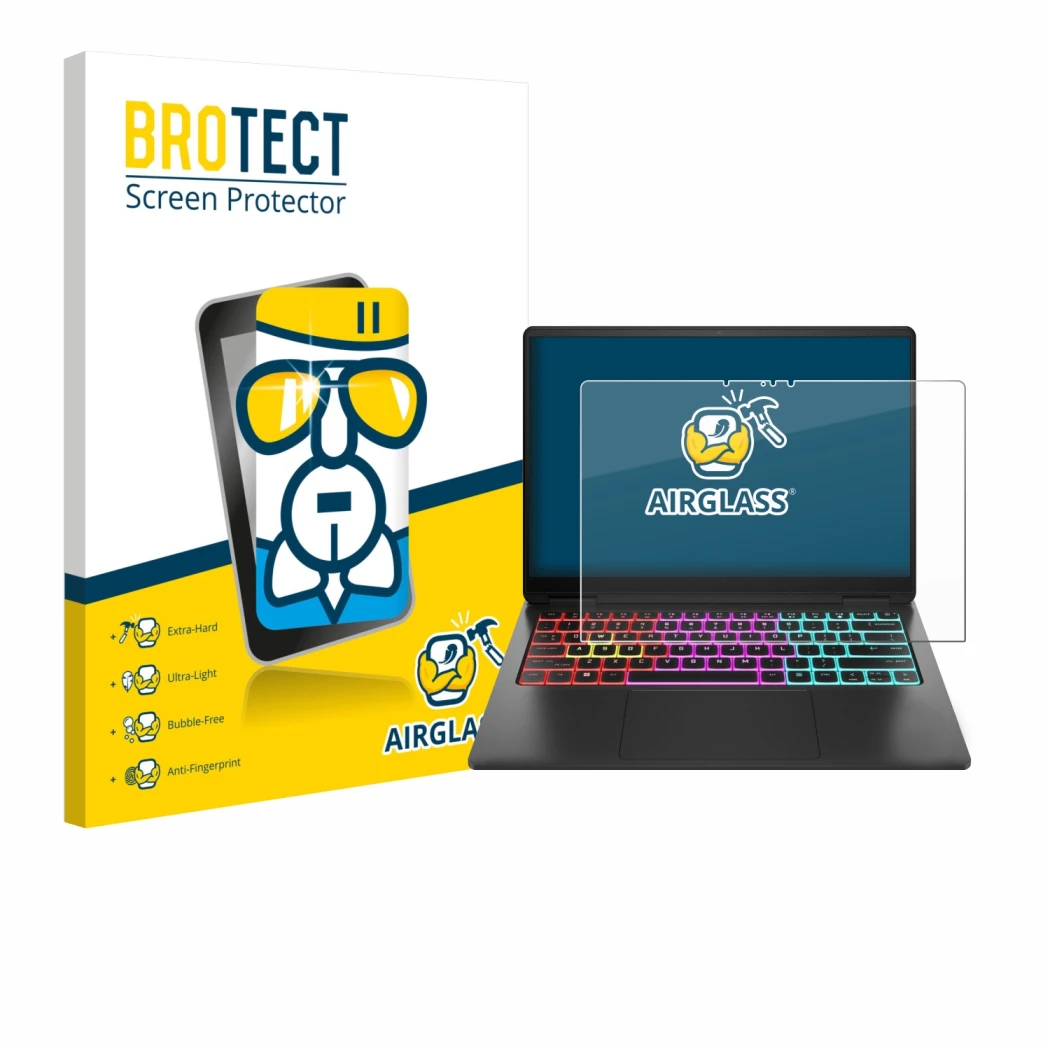 Face avant d’un emballage produit avec le logo de la marque BROTECT. À côté, l’appareil HP Omen Transcend 14 est représenté av