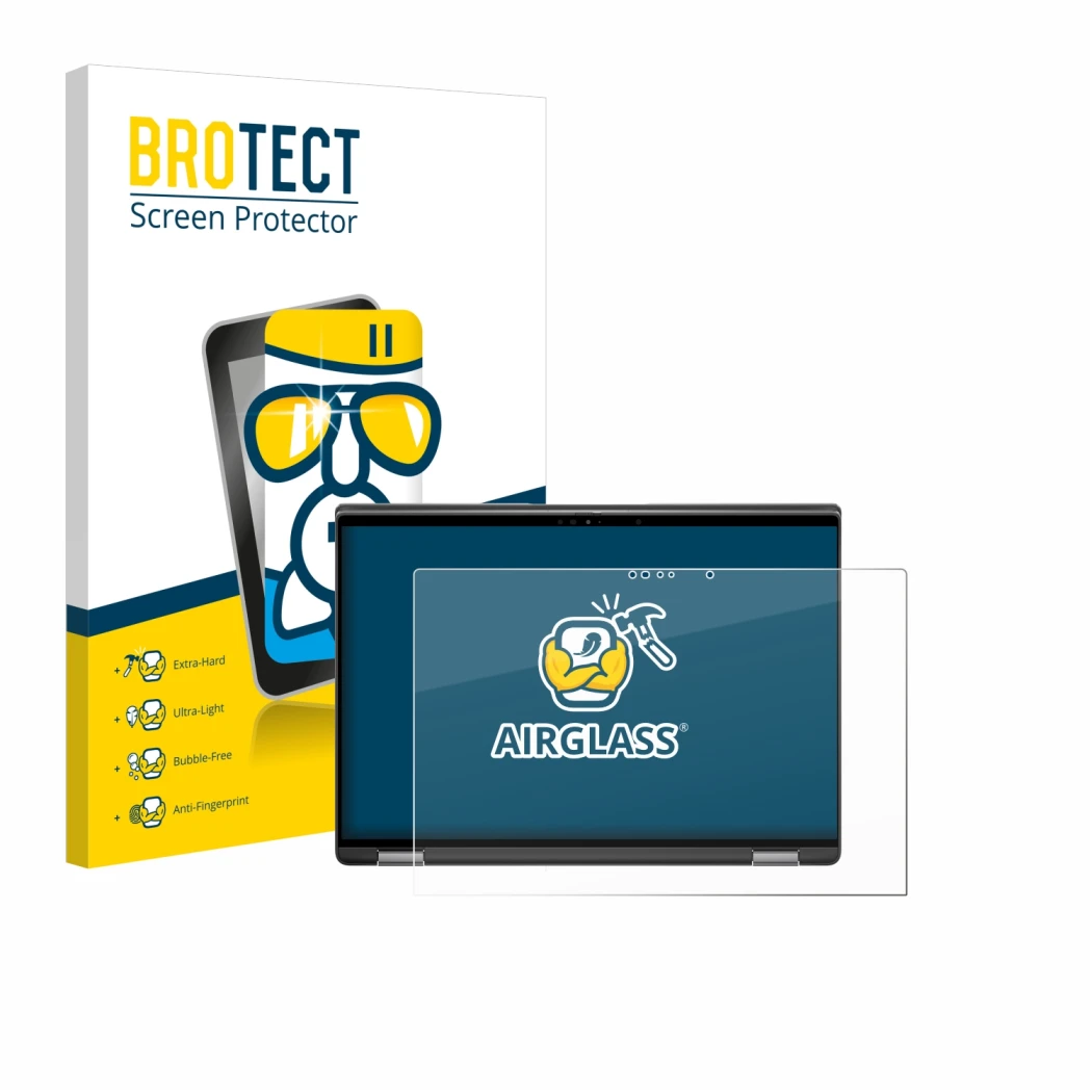 Face avant d’un emballage produit avec le logo de la marque BROTECT. À côté, l’appareil Dell Latitude 7440 2-in-1 est représen