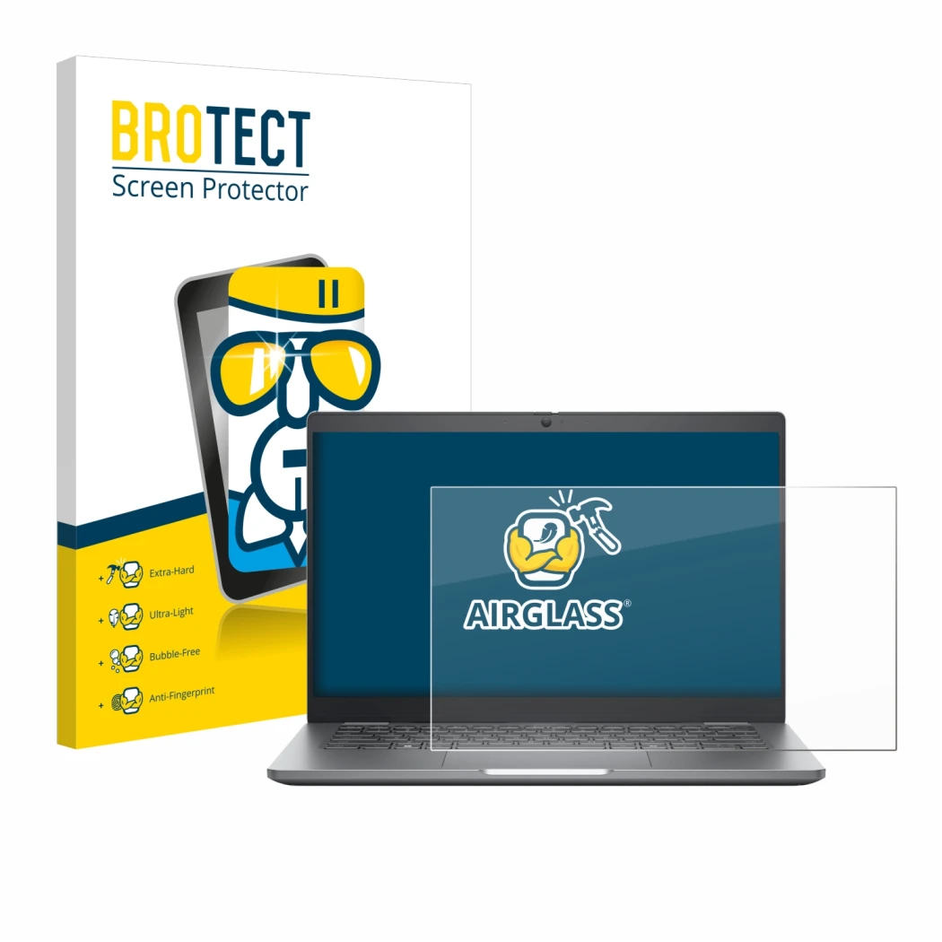 Face avant d’un emballage produit avec le logo de la marque BROTECT. À côté, l’appareil Dell Latitude 5350 Laptop est représen