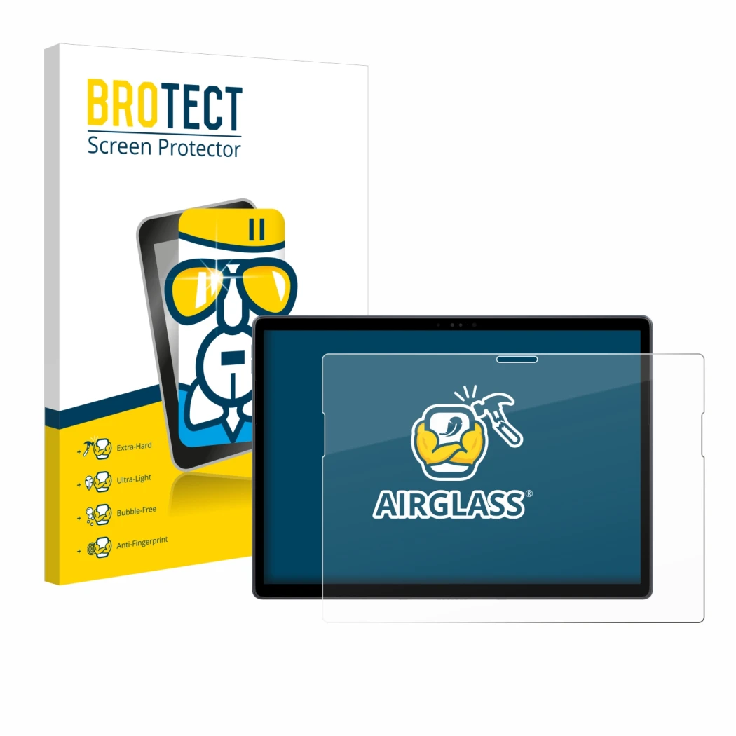 Face avant d’un emballage produit avec le logo de la marque BROTECT. À côté, l’appareil Dell Latitude 7350 Detachable est repr