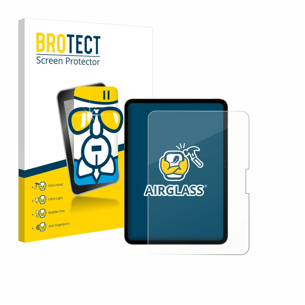 Face avant d’un emballage produit avec le logo de la marque BROTECT. À côté, l’appareil Apple iPad Pro 11