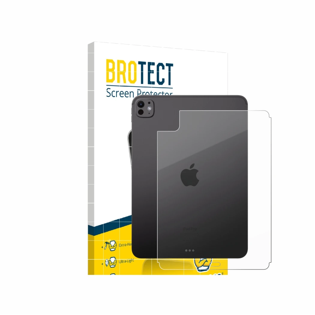 Face avant d’un emballage produit avec le logo de la marque BROTECT. À côté, l’appareil Apple iPad Pro 11