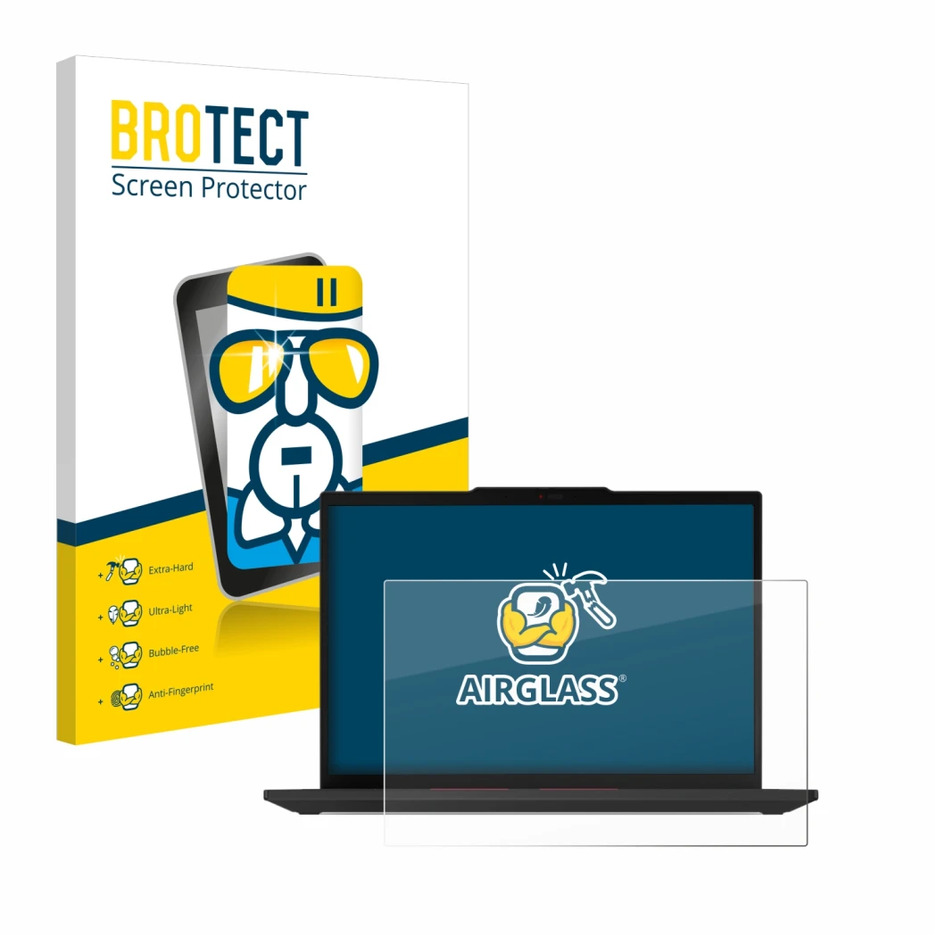 Face avant d’un emballage produit avec le logo de la marque BROTECT. À côté, l’appareil Lenovo ThinkPad T14 Gen 5 est représen