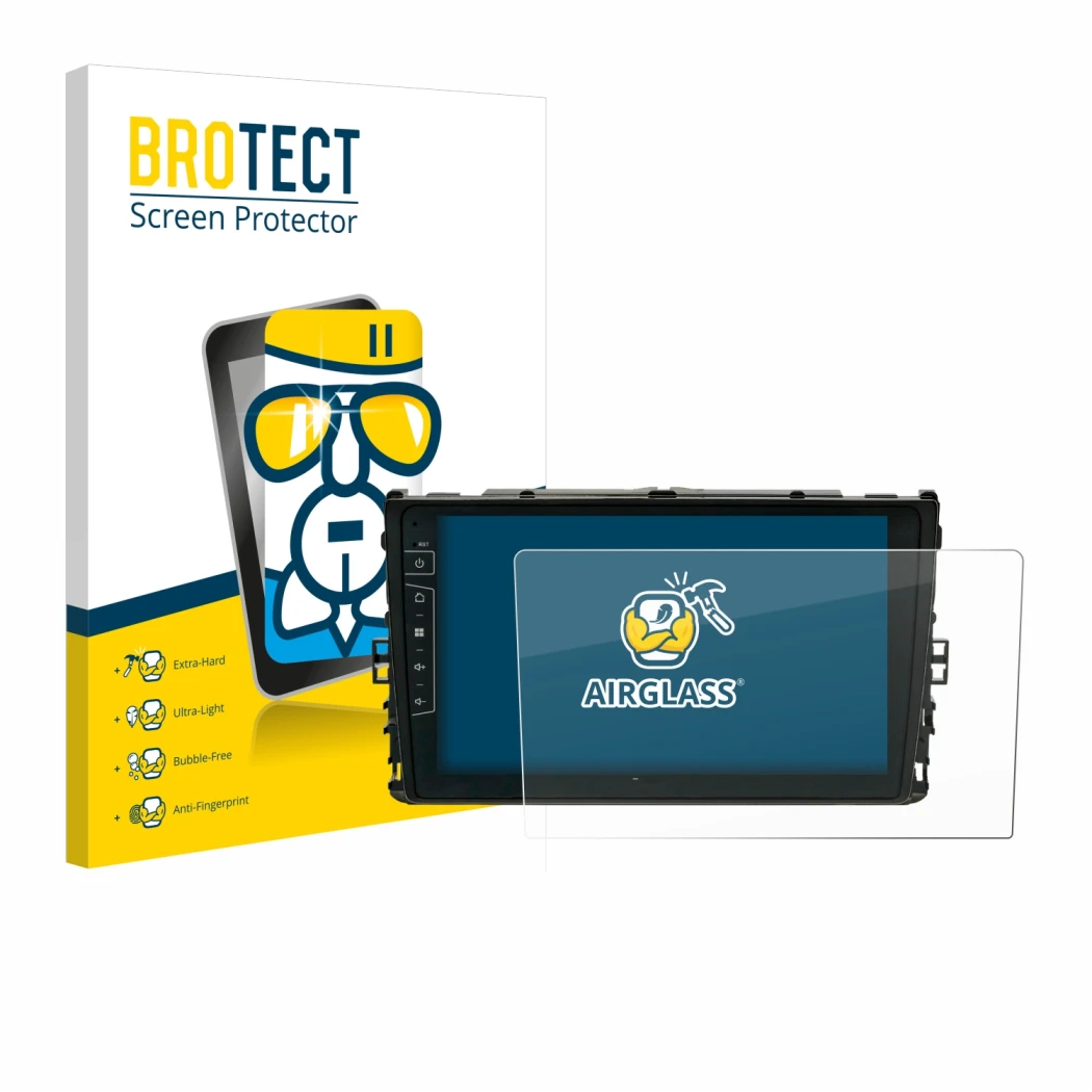 Face avant d’un emballage produit avec le logo de la marque BROTECT. À côté, l’appareil Dynavin D9-T6 est représenté avec la p