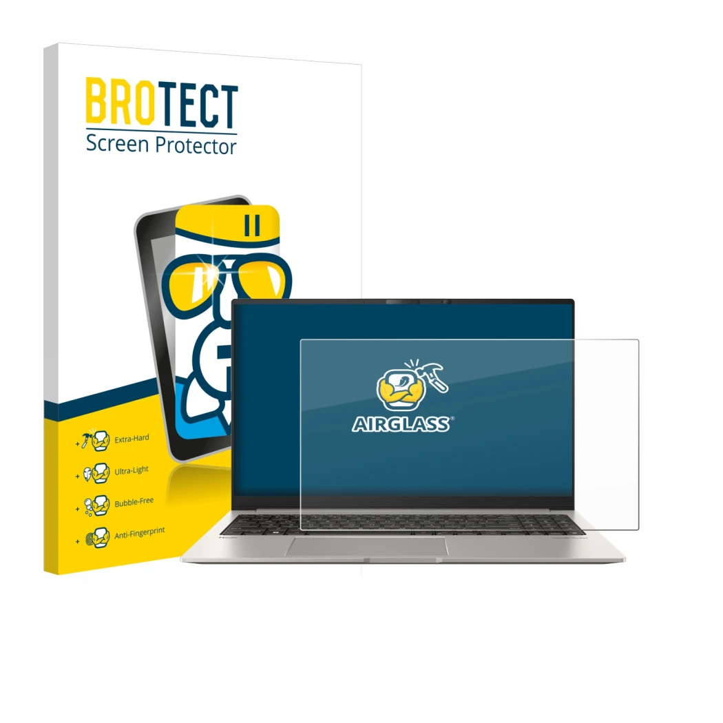 Face avant d’un emballage produit avec le logo de la marque BROTECT. À côté, l’appareil ASUS ZenBook 15 OLED UM3504 est représ