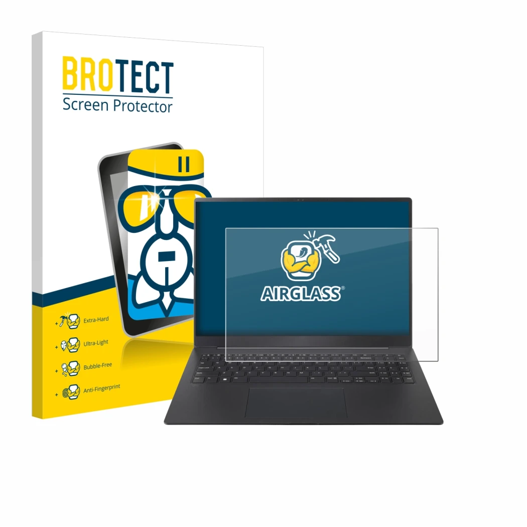 Face avant d’un emballage produit avec le logo de la marque BROTECT. À côté, l’appareil LG gram Pro 16 2024 est représenté ave