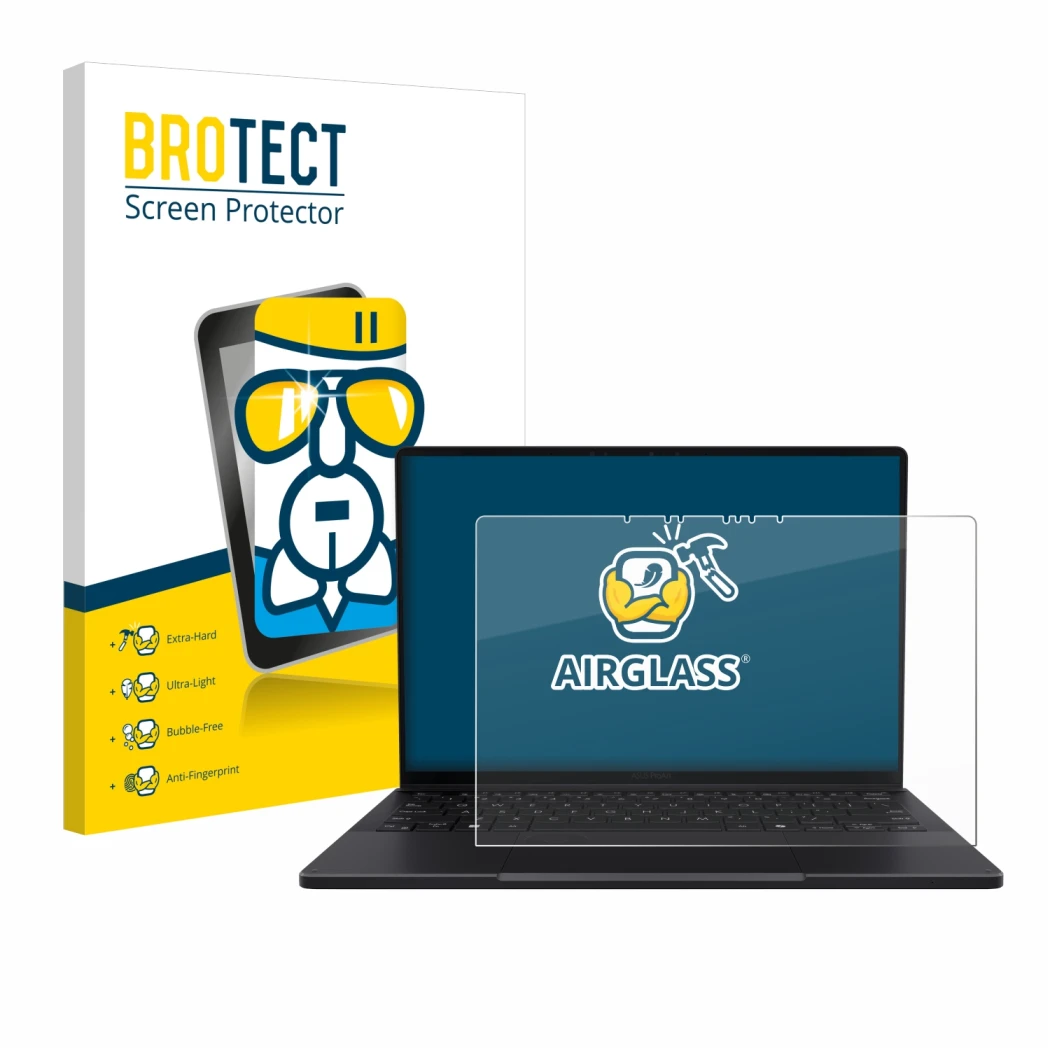 Face avant d’un emballage produit avec le logo de la marque BROTECT. À côté, l’appareil ASUS ProArt PX13 est représenté avec l