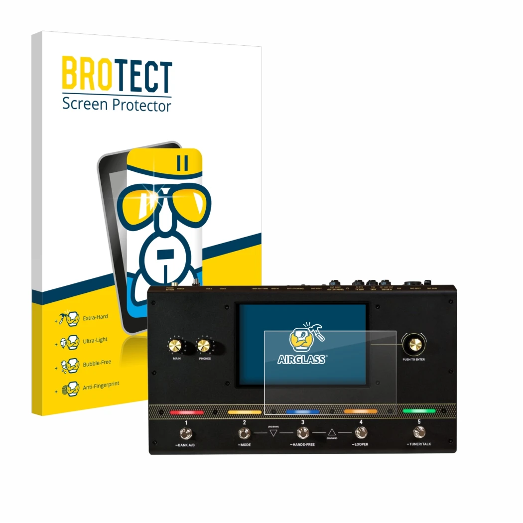 Face avant d’un emballage produit avec le logo de la marque BROTECT. À côté, l’appareil Headrush Core est représenté avec la p