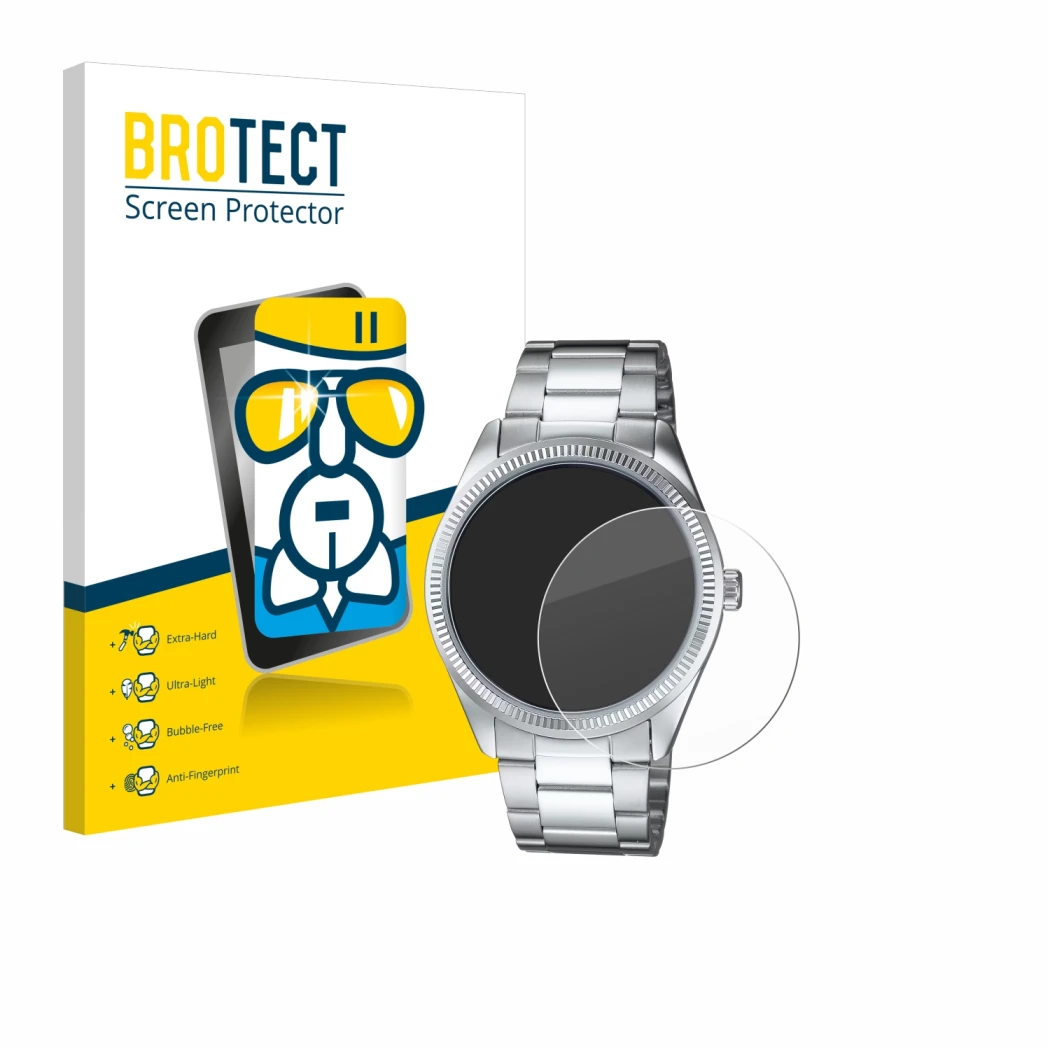 Face avant d’un emballage produit avec le logo de la marque BROTECT. À côté, l’appareil Casio MTP-1302PD est représenté avec l