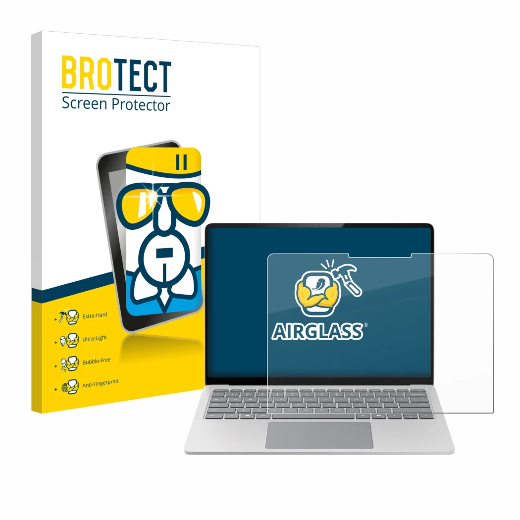 Face avant d’un emballage produit avec le logo de la marque BROTECT. À côté, l’appareil Microsoft Surface Laptop 7 13.8