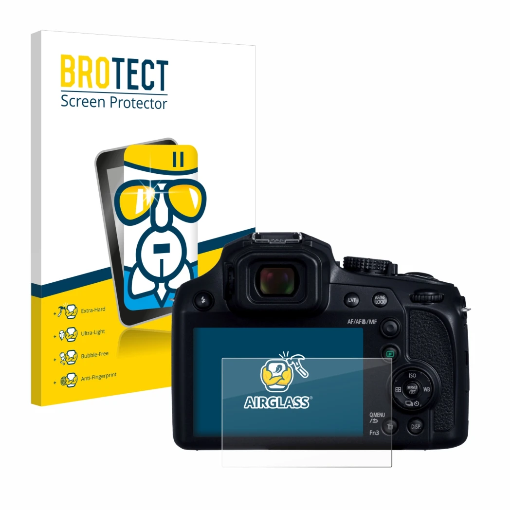 Face avant d’un emballage produit avec le logo de la marque BROTECT. À côté, l’appareil Panasonic Lumix DC-FZ82D est représent