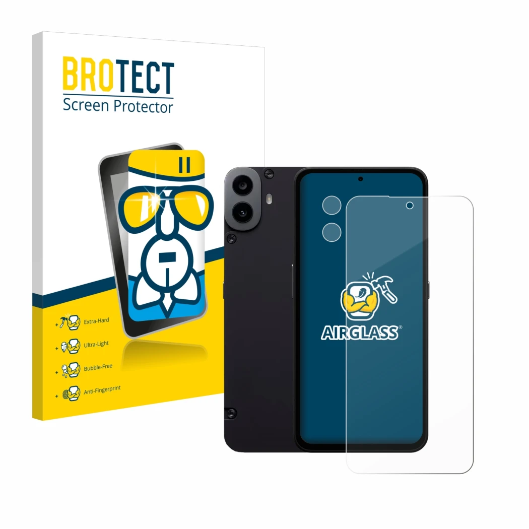 Face avant d’un emballage produit avec le logo de la marque BROTECT. À côté, l’appareil Nothing CMF Phone 1 (Avant+Caméra) est