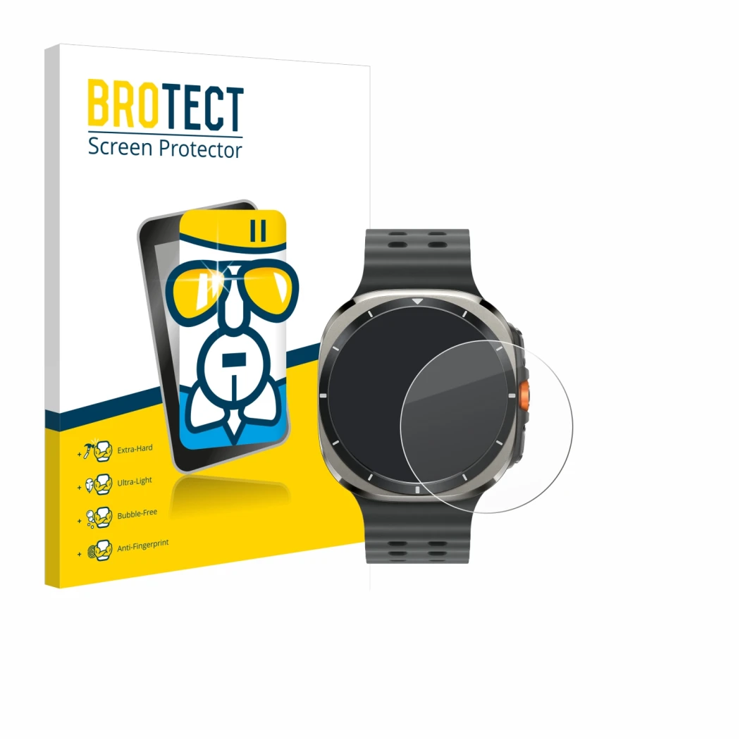 Face avant d’un emballage produit avec le logo de la marque BROTECT. À côté, l’appareil Samsung Galaxy Watch Ultra (47 mm) est