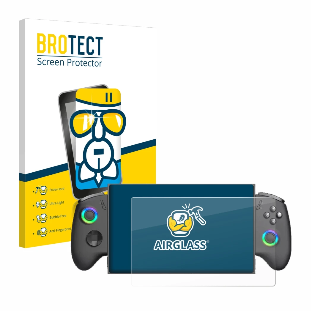 Face avant d’un emballage produit avec le logo de la marque BROTECT. À côté, l’appareil OneXPlayer X1 Mini est représenté avec