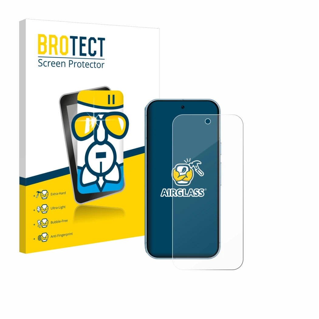 Face avant d’un emballage produit avec le logo de la marque BROTECT. À côté, l’appareil Google Pixel 9 est représenté avec la 