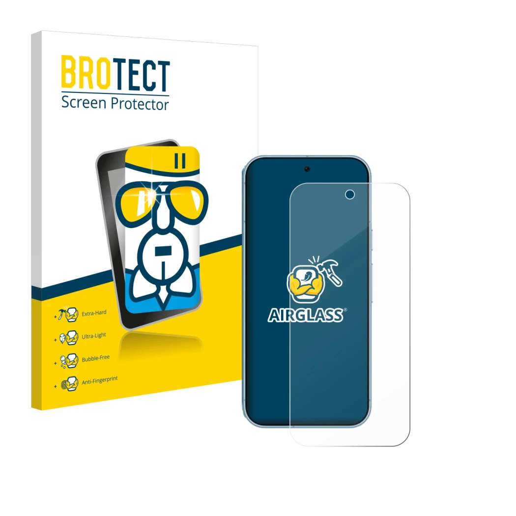 Face avant d’un emballage produit avec le logo de la marque BROTECT. À côté, l’appareil Google Pixel 9 Pro est représenté avec