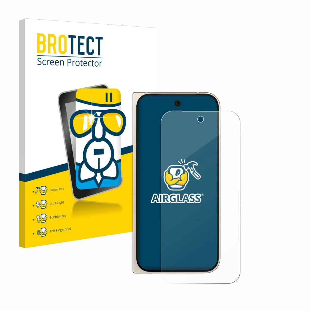 Face avant d’un emballage produit avec le logo de la marque BROTECT. À côté, l’appareil Google Pixel 9 Pro Fold est représenté