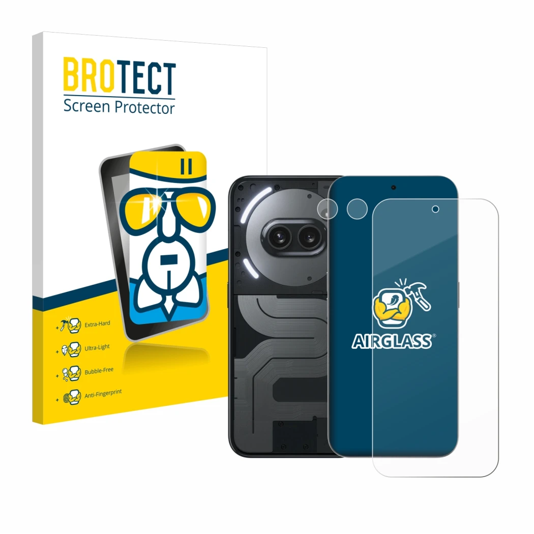 Face avant d’un emballage produit avec le logo de la marque BROTECT. À côté, l’appareil Nothing Phone (2a) Plus (Avant+Caméra)