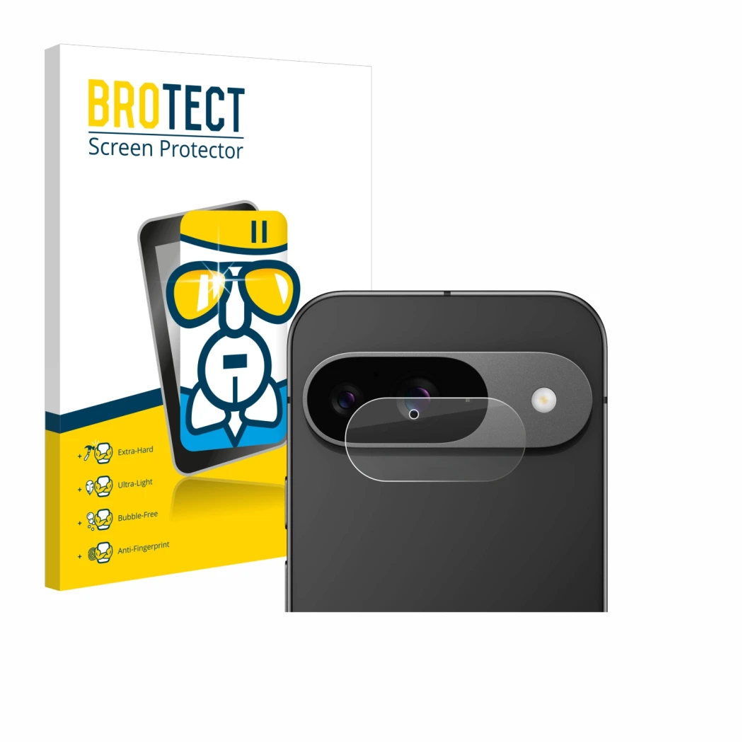 Face avant d’un emballage produit avec le logo de la marque BROTECT. À côté, l’appareil Google Pixel 9 (Caméra UNIQUEMENT) est