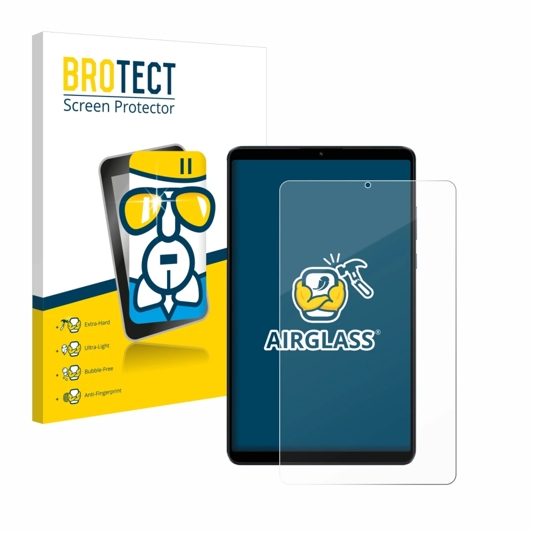 Face avant d’un emballage produit avec le logo de la marque BROTECT. À côté, l’appareil Xiaomi Redmi Pad SE 8.7 4G est représe